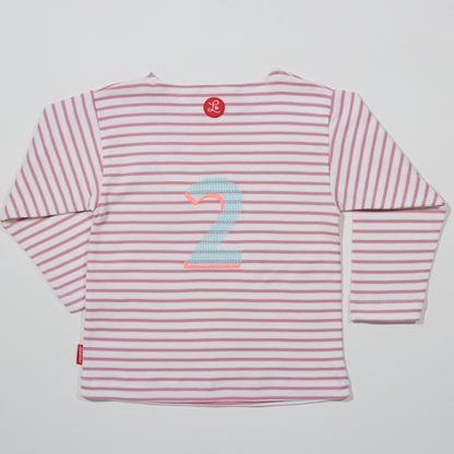 Gestreiftes, langarmiges, rosefarbenes Zahlenshirt für Mädchen- Lululobster, Rueckseite