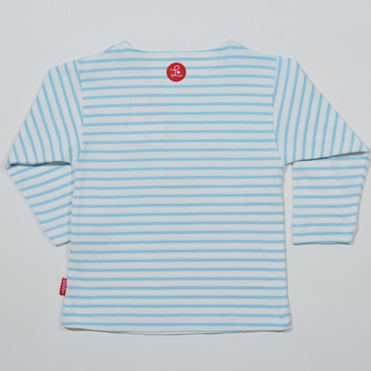 Gestreiftes, langärmliges,hellblaues Langarmshirt für Jungen und Mädchen mit  Stickmotiv Gans-Lululobster_Rückseite