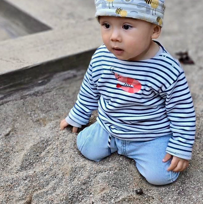 Langarmshirt in Blau-weiss gestreift, Stickmotiv " Krabbe"