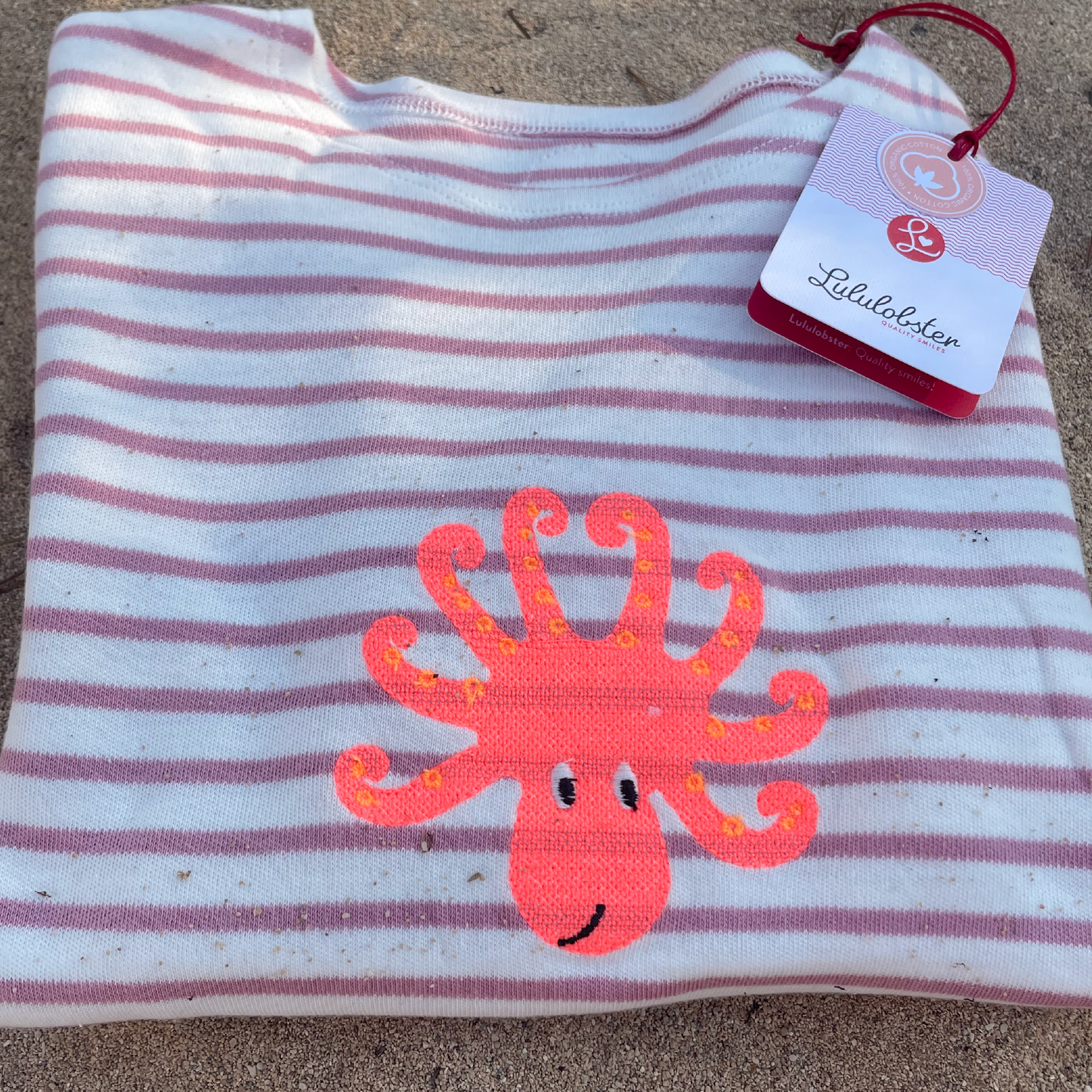 Langarmshirt in Rosé-weiss gestreift, Stickmotiv " Octopus"