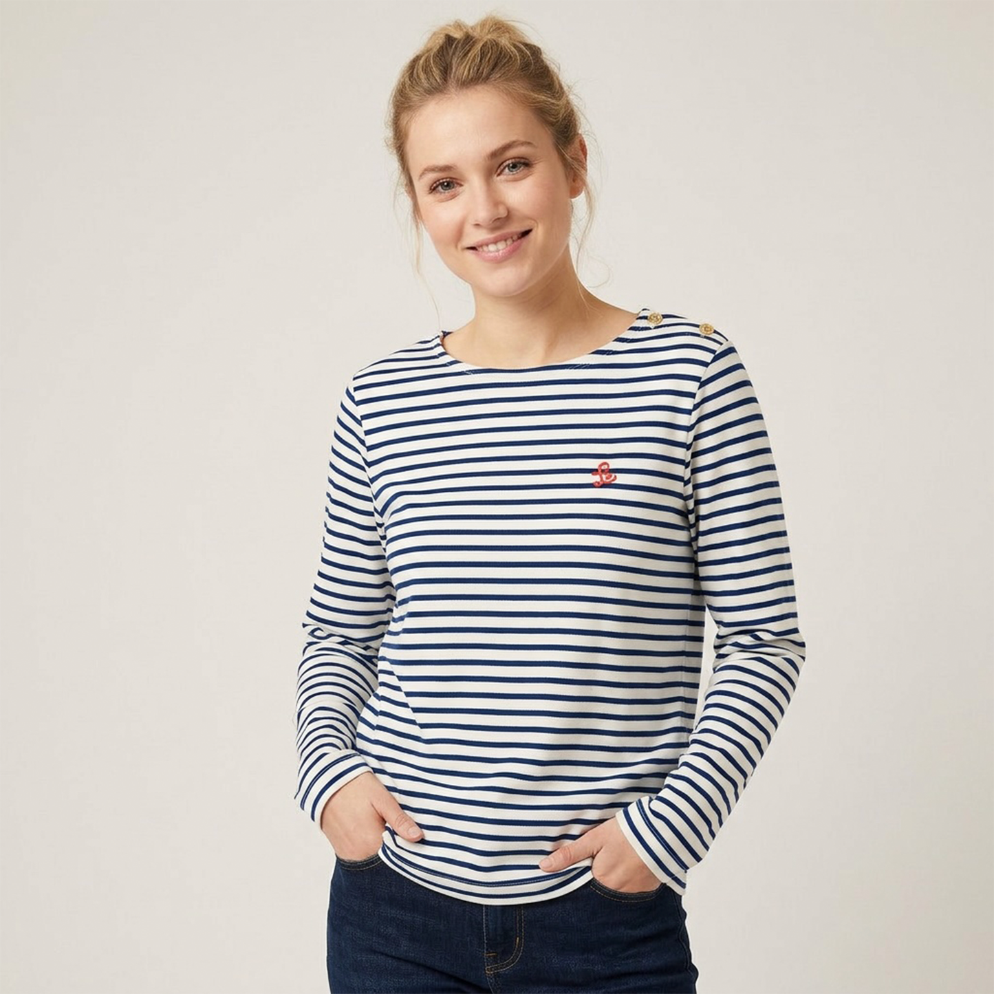 Damen Langarmshirt in offwhite blau gestreift mit Stickerei