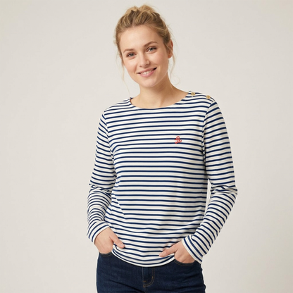 Damen Langarmshirt in offwhite blau gestreift mit Stickerei