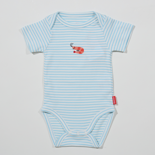 Gestreifter, hellblauer Babybody mit Krabbenmotiv für Jungen, Lululobster