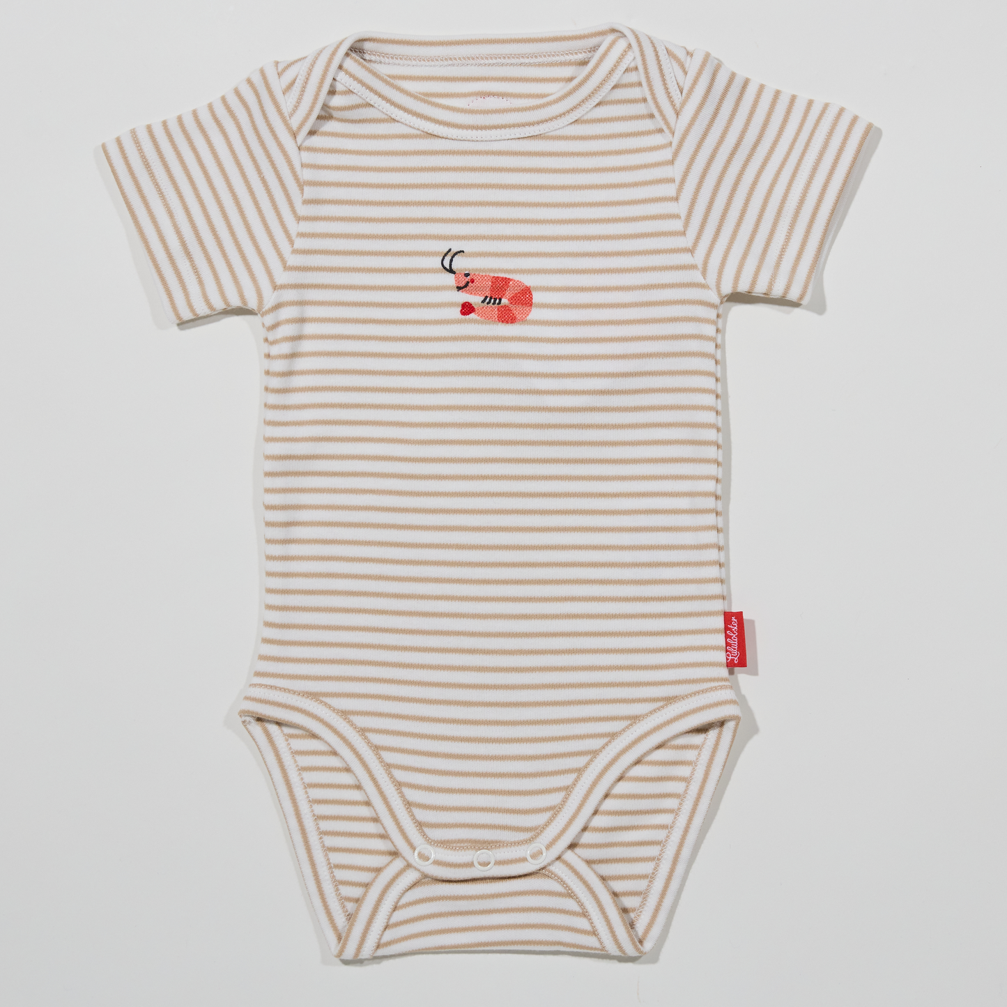 Gestreifter, sandfarbener Babybody mit Krabbenmotiv für Jungen und Mädchen, Lululobster