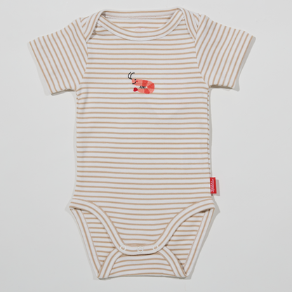 Gestreifter, sandfarbener Babybody mit Krabbenmotiv für Jungen und Mädchen, Lululobster
