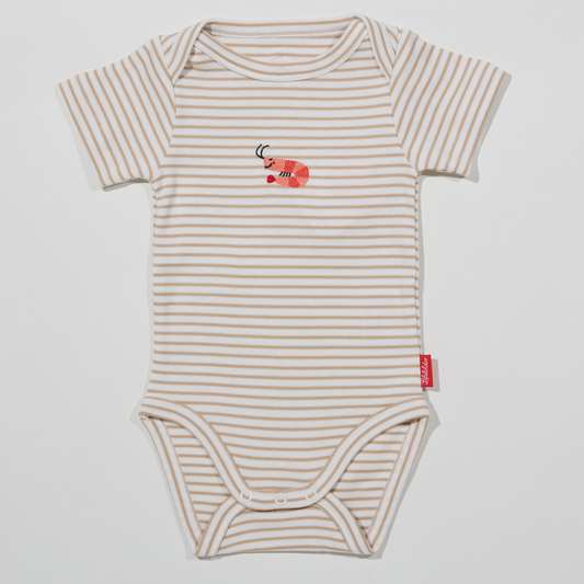 Gestreifter, sandfarbener Babybody mit Krabbenmotiv für Jungen und Mädchen, Lululobster