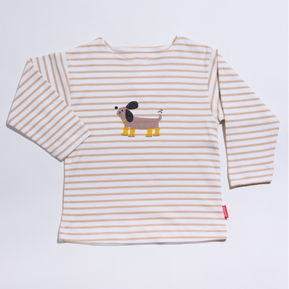 Langarmshirt in Sand-weiss gestreift mit Stickmotiv " Hund"