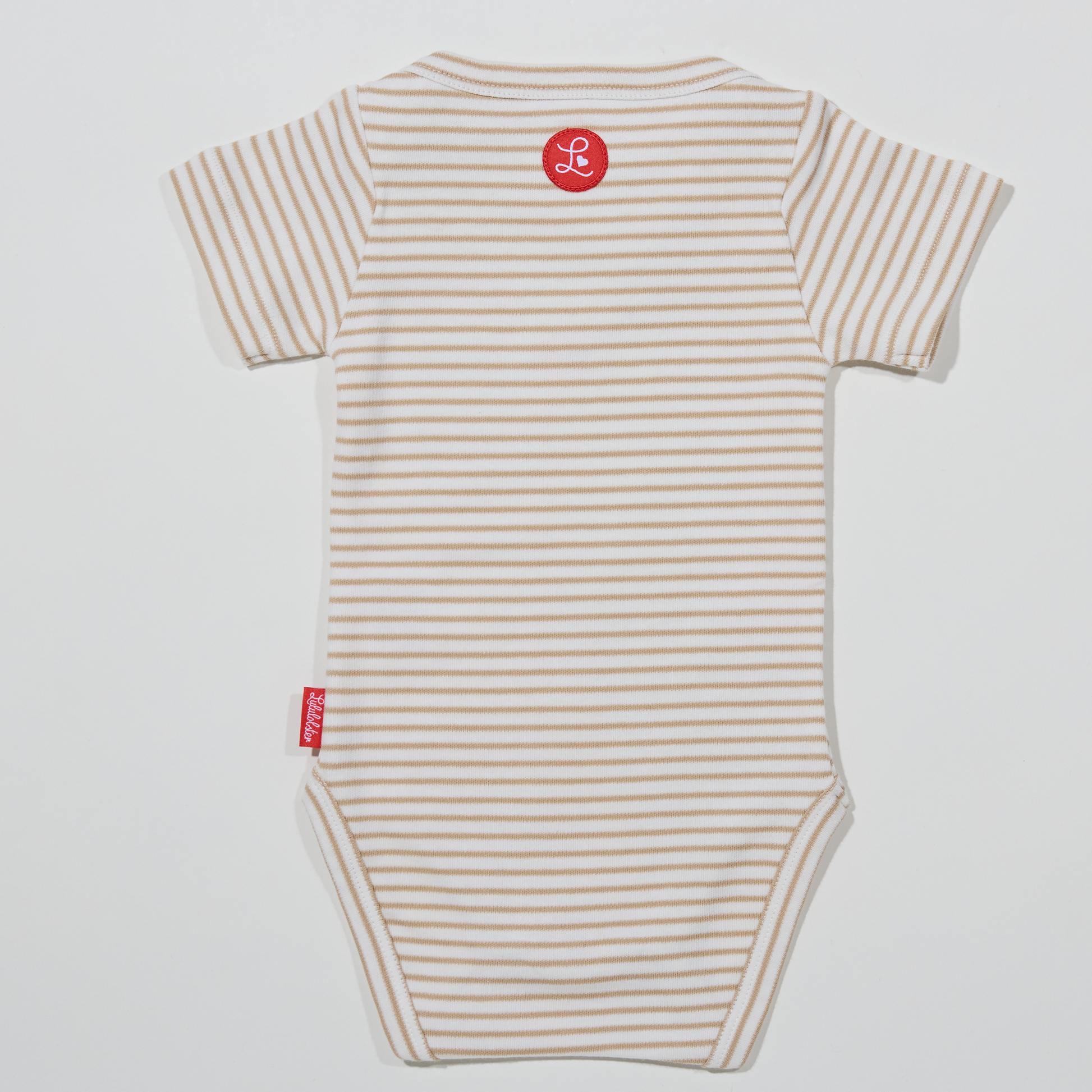 Gestreifter, sandfarbener Babybody mit Krabbenmotiv für Jungen und Mädchen, Lululobster