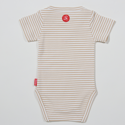 Gestreifter, sandfarbener Babybody mit Krabbenmotiv für Jungen und Mädchen, Lululobster