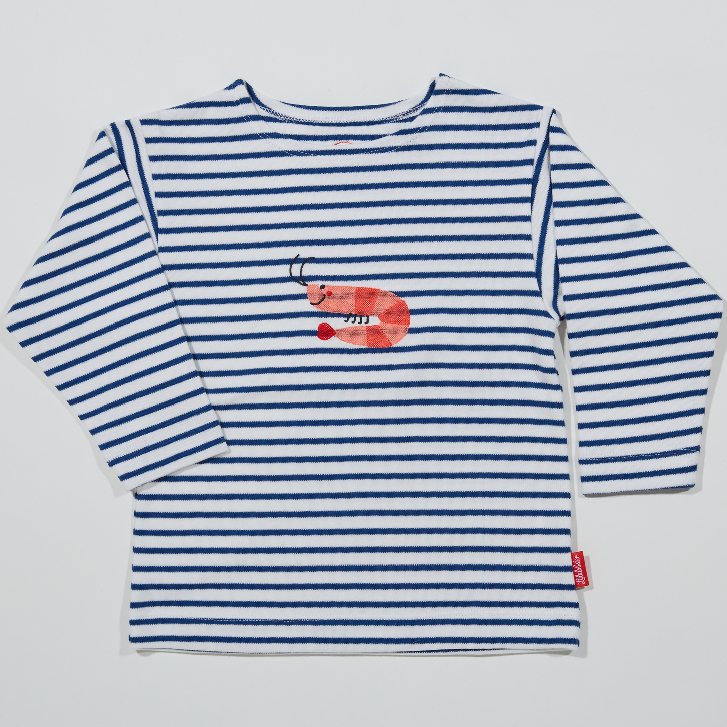 Gestreiftes, langärmliges,blaues Langarmshirt für Jungen und Mädchen mit  Stickmotiv Krabbe-Lululobster