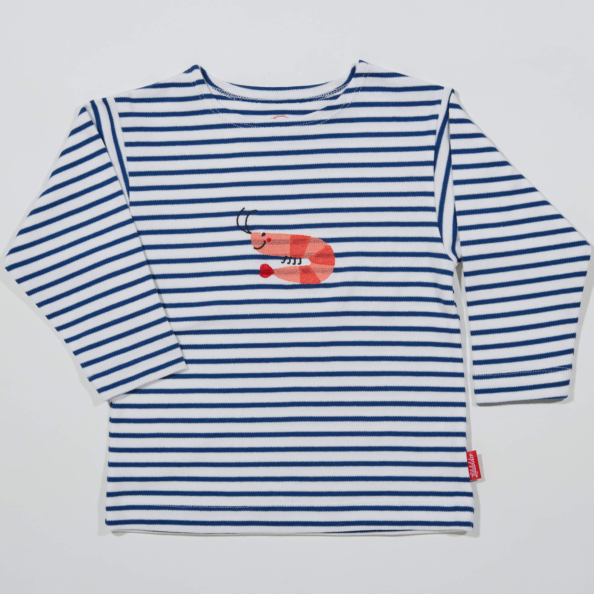 Gestreiftes, langärmliges,blaues Langarmshirt für Jungen und Mädchen mit  Stickmotiv Krabbe-Lululobster