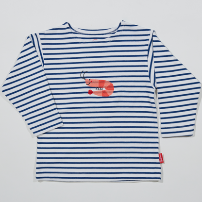 Gestreiftes, langärmliges,blaues Langarmshirt für Jungen und Mädchen mit  Stickmotiv Krabbe-Lululobster