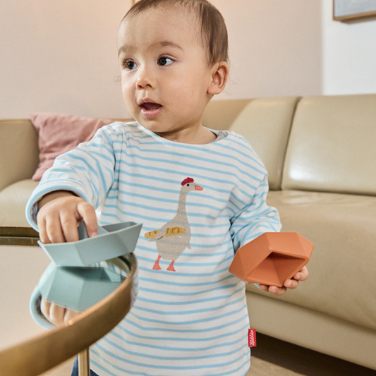 Gestreiftes, langärmliges,hellblaues Langarmshirt für Jungen und Mädchen mit  Stickmotiv Gans-Lululobster