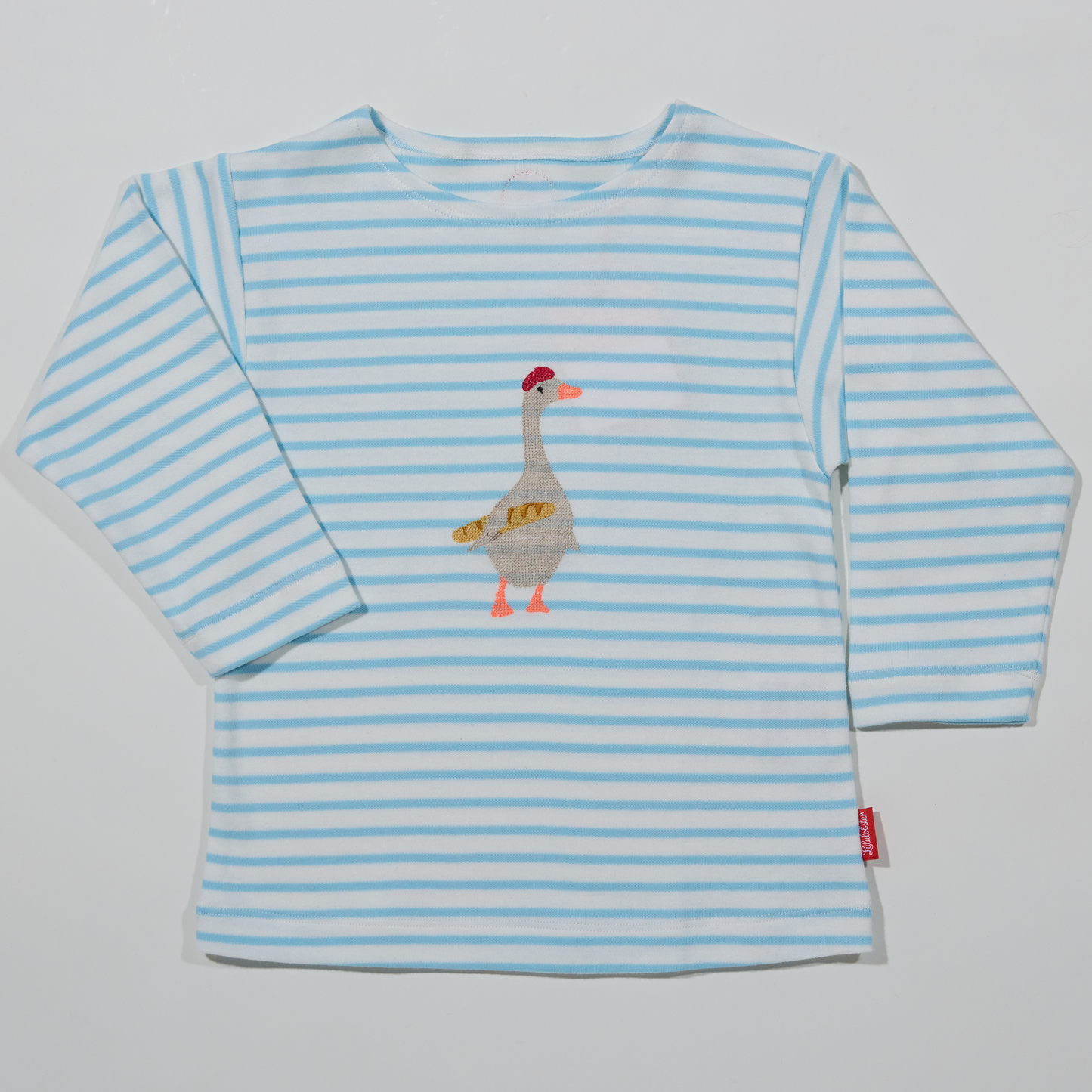 Gestreiftes, langärmliges,hellblaues Langarmshirt für Jungen und Mädchen mit  Stickmotiv Gans-Lululobster