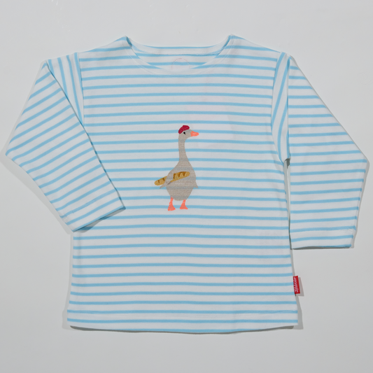 Gestreiftes, langärmliges,hellblaues Langarmshirt für Jungen und Mädchen mit  Stickmotiv Gans-Lululobster