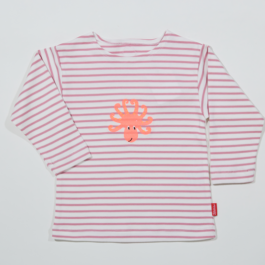 Gestreiftes, langärmliges,rosefarbenes Langarmshirt für Mädchen mit  Stickmotiv Octopus-Lululobster