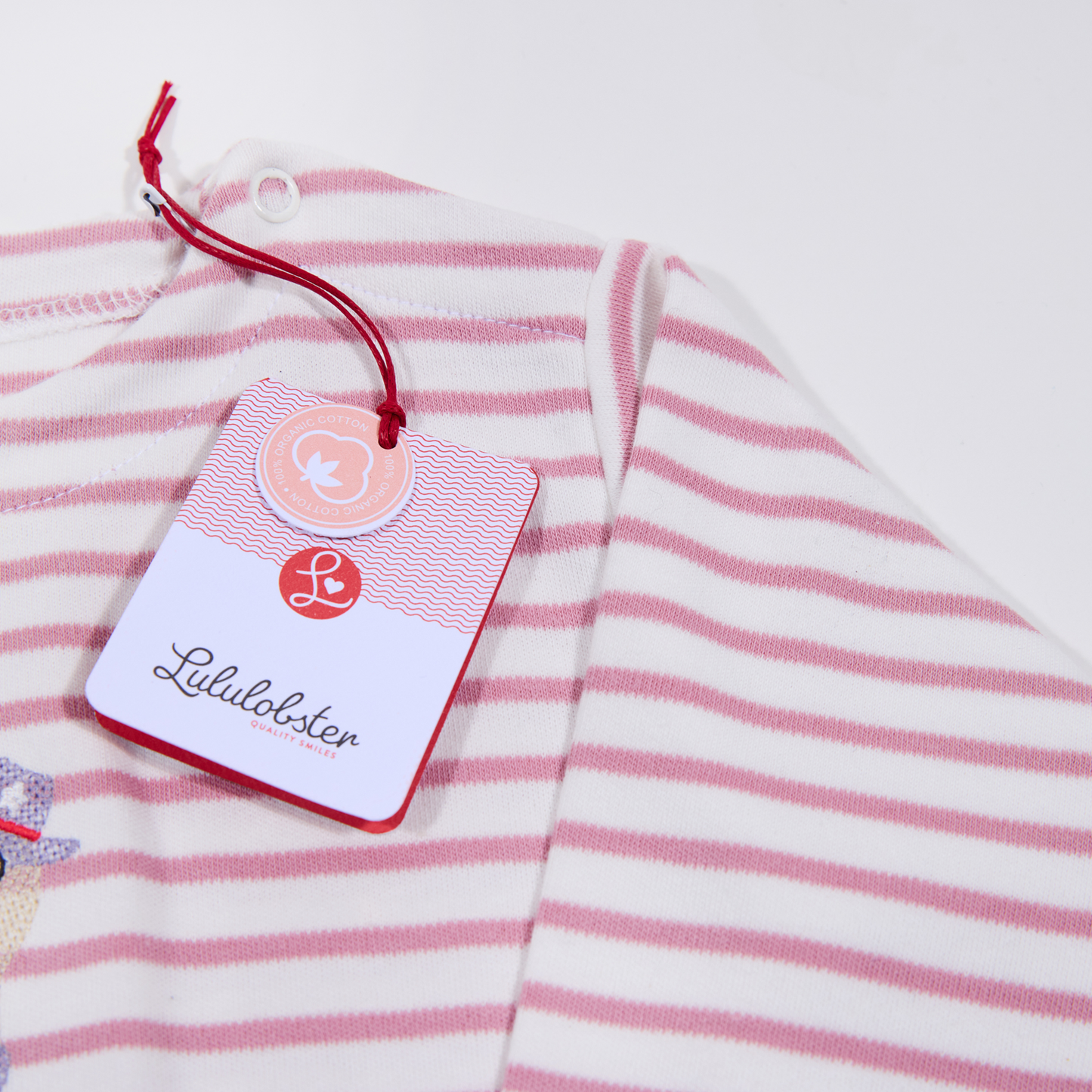 Gestreiftes, langärmliges,rosafarbenes Langarmshirt für Mädchen mit  Stickmotiv Strauss-Lululobster