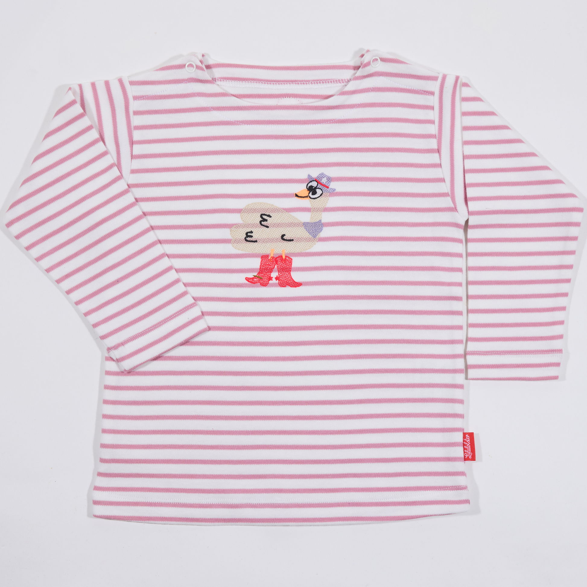 Gestreiftes, langärmliges,rosafarbenes Langarmshirt für Mädchen mit  Stickmotiv Strauss-Lululobster