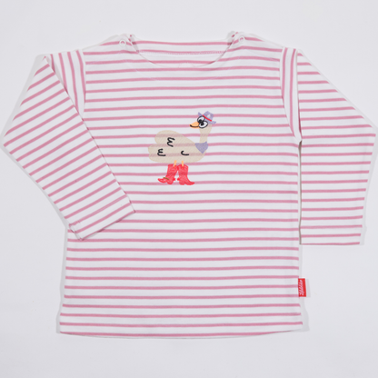 Gestreiftes, langärmliges,rosafarbenes Langarmshirt für Mädchen mit  Stickmotiv Strauss-Lululobster