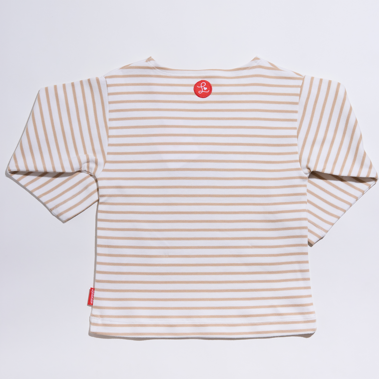 Gestreiftes, langärmliges,sandfarbenes Langarmshirt für Mädchen und Jungen mit  Stickmotiv Hund, Lululobster