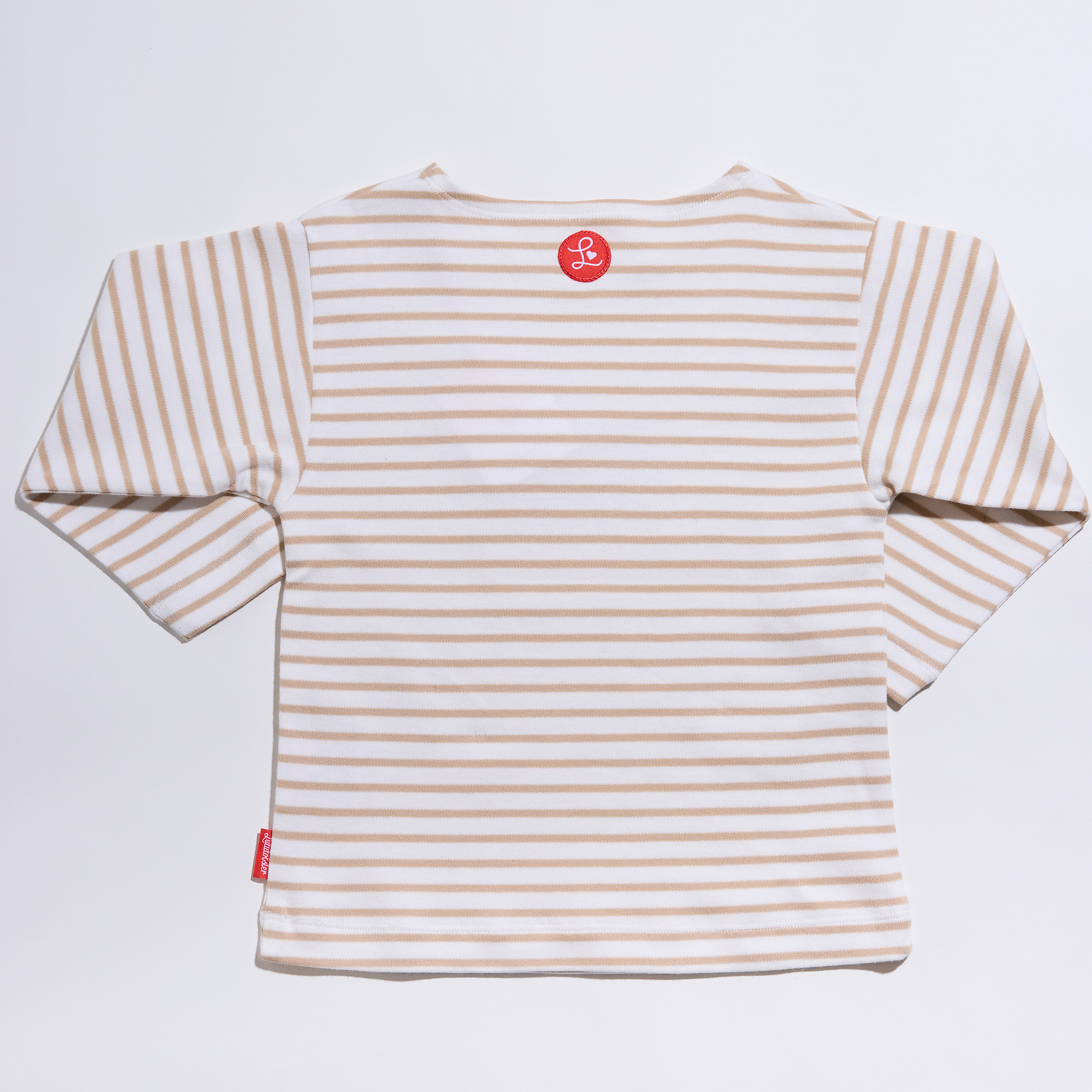 Gestreiftes, langärmliges,sandfarbenes Langarmshirt für Mädchen und Jungen mit  Stickmotiv Hund, Lululobster