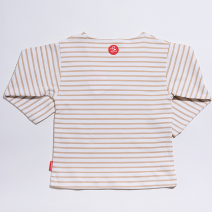 Gestreiftes, langärmliges,sandfarbenes Langarmshirt für Mädchen und Jungen mit  Stickmotiv Hund, Lululobster