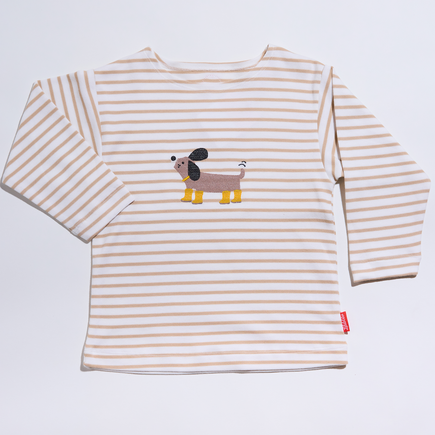 Gestreiftes, langärmliges,sandfarbenes Langarmshirt für Mädchen und Jungen mit  Stickmotiv Hund, Lululobster