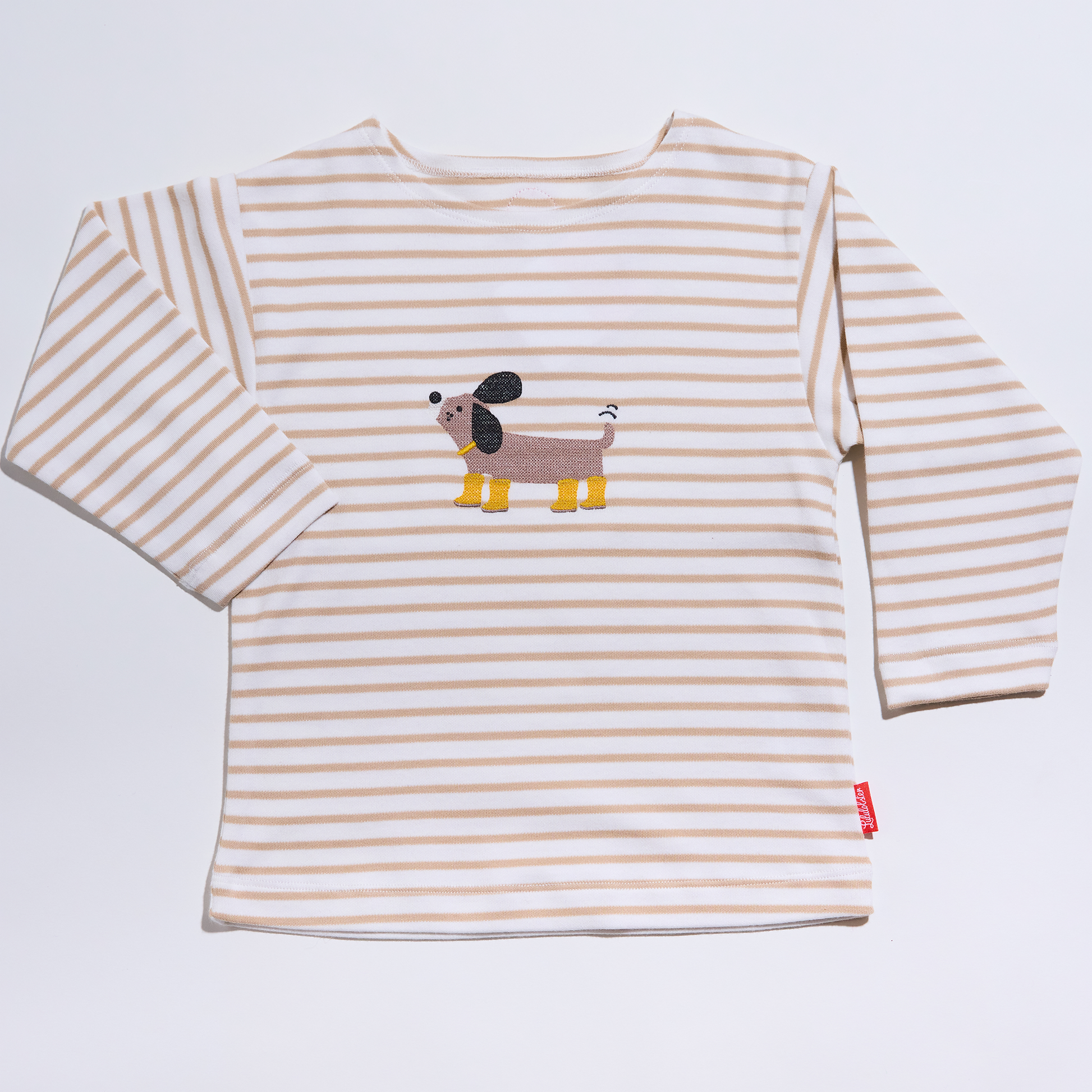 Gestreiftes, langärmliges,sandfarbenes Langarmshirt für Mädchen und Jungen mit  Stickmotiv Hund, Lululobster