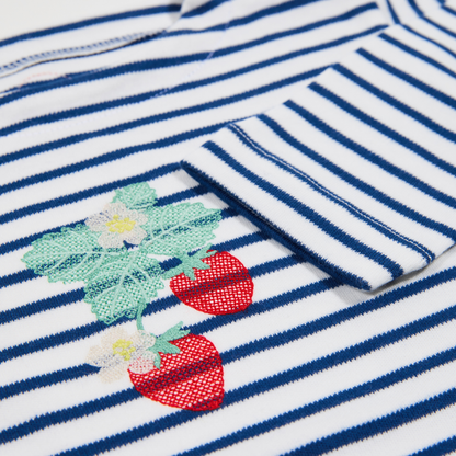 Gestreiftes, langärmliges,blaues Langarmshirt für Mädchen mit  Stickmotiv Erdbeere-Lululobster