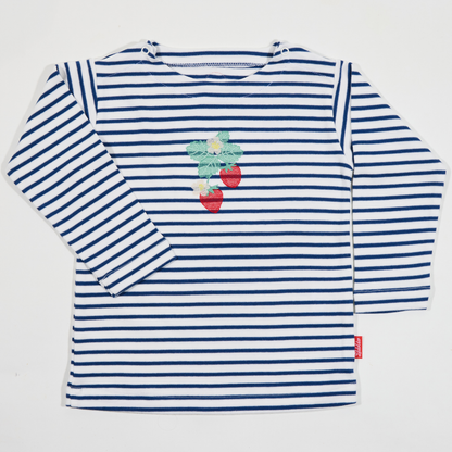 Gestreiftes, langärmliges,blaues Langarmshirt für Mädchen mit  Stickmotiv Erdbeere-Lululobster