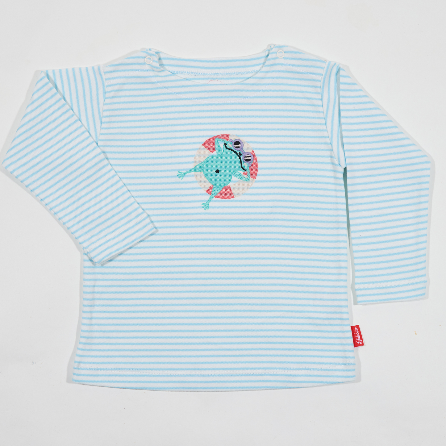 Gestreiftes, langärmliges,hellblaues Langarmshirt für Jungen und Mädchen mit  Stickmotiv Frosch-Lululobster
