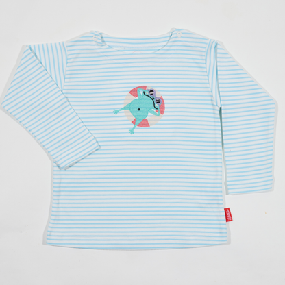 Gestreiftes, langärmliges,hellblaues Langarmshirt für Jungen und Mädchen mit  Stickmotiv Frosch-Lululobster