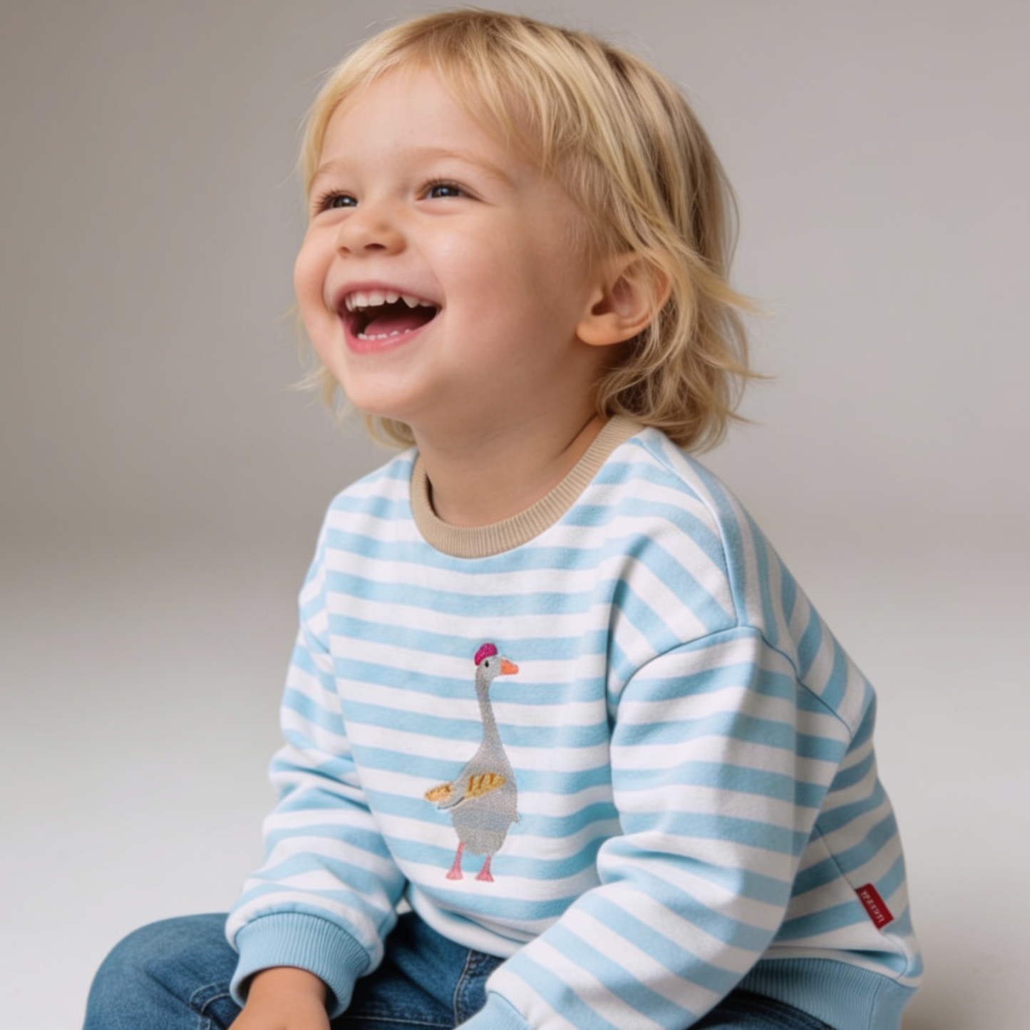 Kinder Sweatshirt, offwhite hellblau gestreift mit gestickter Gans
