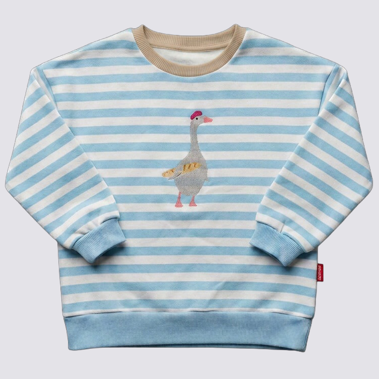 Kinder Sweatshirt, offwhite hellblau gestreift mit gestickter Gans