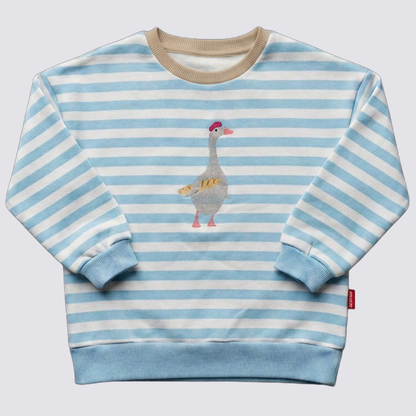 Kinder Sweatshirt, offwhite hellblau gestreift mit gestickter Gans
